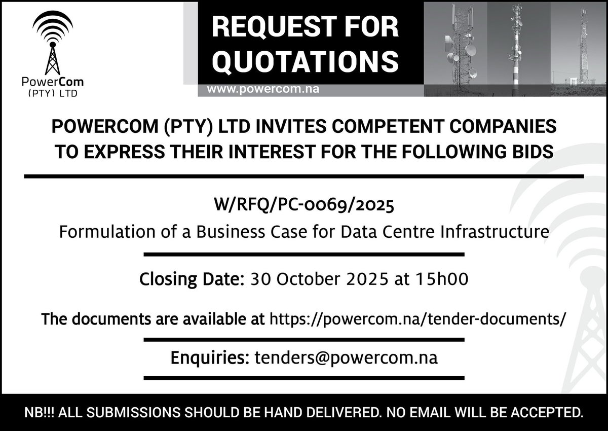 Procurement opportunities at PowerCom - Formulation of a Business Case for Data Centre Infrastructure 

#opportunities #towerbusiness #passiveinfrastructures