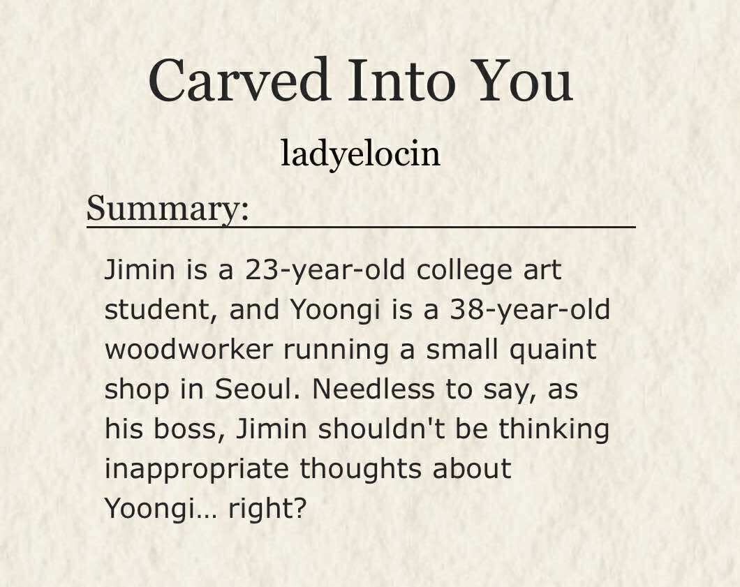 ladyelocin's tweet photo. ❝𝑪𝒂𝒓𝒗𝒆𝒅 𝑰𝒏𝒕𝒐 𝒀𝒐𝒖❞ 🛠️
𑣲 #yoonmin
𑣲 woodworker yg, college student jm
𑣲 age gap, DILF yg
𑣲 fluff, flirting, teasing, smut 🔞
𑣲 angst with a happy ending
𑣲 28.7k words, ch 11/11, completed

Ao3: https://t.co/FGilw9bAUp https://t.co/odb2k11K05