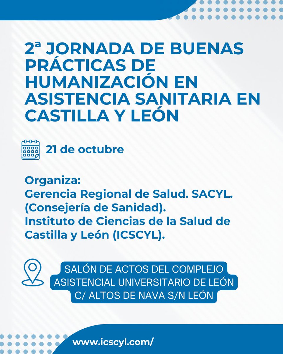 🔉2ª Jornada de Buenas Prácticas de #Humanización en Asistencia Sanitaria en Castilla y León.
Lugar: Salón de actos del Completo Asistencial Universitario de #León
📅 21 de octubre
Inscripción 🔗icscyl.com/ics/inscripcio…
#quenosetepase