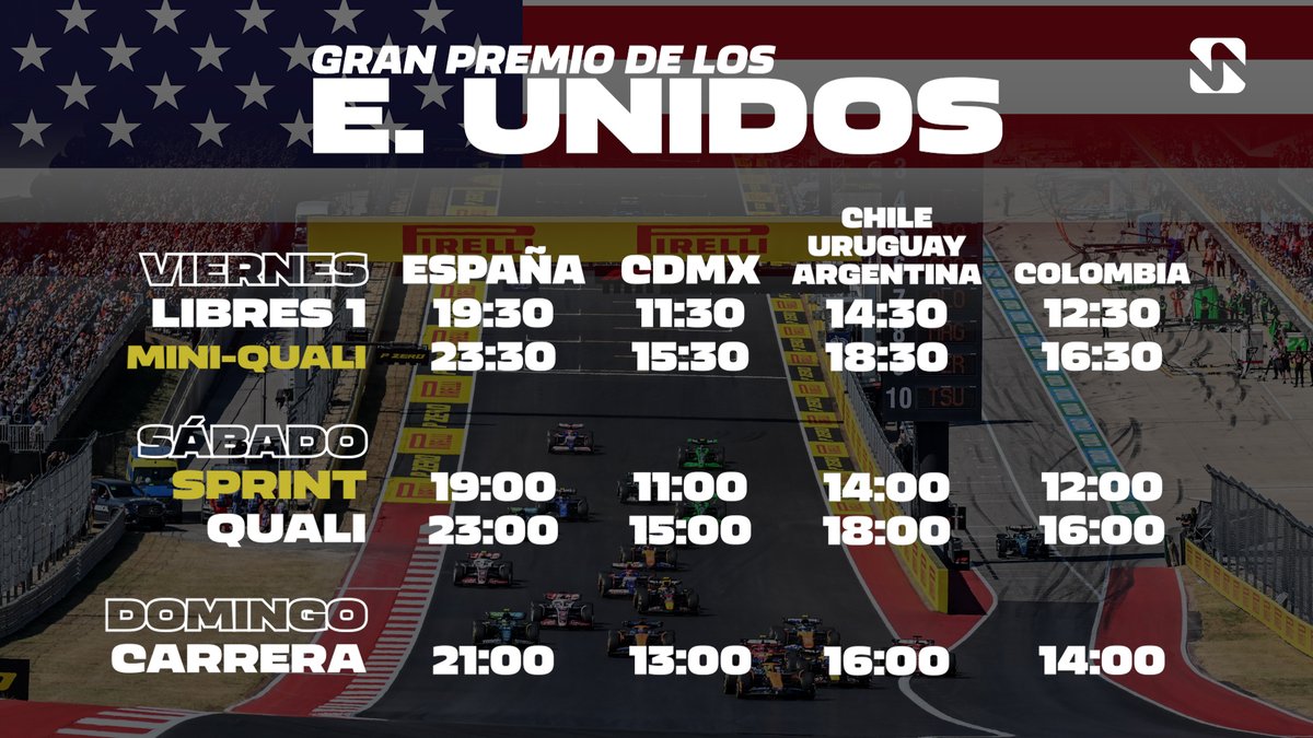 victorabadf1's tweet image. 🏁 H O R A R I O S 🏁
La Fórmula 1 regresa al continente americano y arranca su gira en el COTA de Austin: llega el Gran Premio de los Estados Unidos 🇺🇸.
🚨 Fin de semana F1 Sprint.
Comparte los horarios, salva una vida.