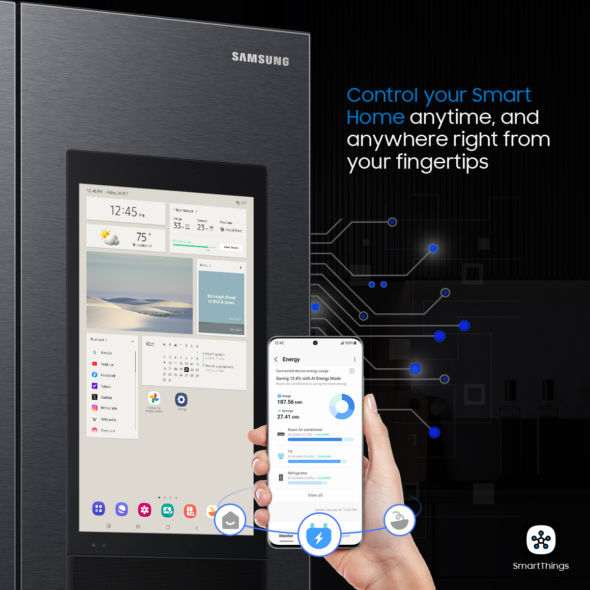 Samsung_Ghana's tweet image. Manage energy usage, save energy, and track your carbon footprint with SmartThings Energy. It offers efficiency tips, monitors appliance consumption in real-time and alerts you if monthly targets might be exceeded. 

#BESPOKEAI #FamilyHub #SamsungRefrigerator #SamsungGH