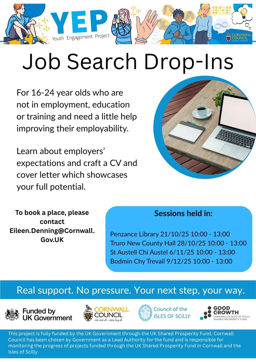 CornwallCouncil's tweet image. Are you aged 16-24 and not in employment, education or training?

Join a free Youth Engagement Project (YEP) drop-in session to boost your employability.

To book a place, email eileen.denning@cornwall.gov.uk