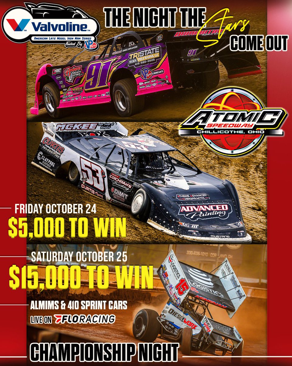 Chris Tilley (@tilleyracing) on Twitter photo Almost a week out ‼️
<a href="/Valvoline/">Valvoline Global Operations</a> / American Late Model Iron-Man Series
Night the Stars Come Out Championship Weekend
<a href="/AtomicSpeedway/">Atomic Speedway</a> - Waverly, Ohio
Friday & Saturday October 24 & 25
✌️ complete races!
Friday $5,000 to win (30 laps)
Saturday $15,000 to win (40 laps)
Weekend Almost a week out ‼️
<a href="/Valvoline/">Valvoline Global Operations</a> / American Late Model Iron-Man Series
Night the Stars Come Out Championship Weekend
<a href="/AtomicSpeedway/">Atomic Speedway</a> - Waverly, Ohio
Friday & Saturday October 24 & 25
✌️ complete races!
Friday $5,000 to win (30 laps)
Saturday $15,000 to win (40 laps)
Weekend