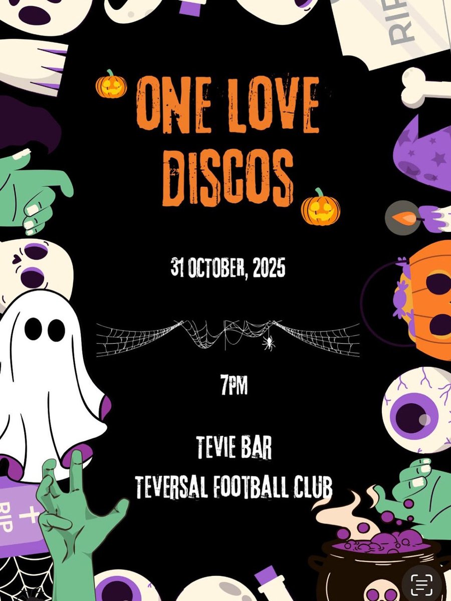 🎃 HALLOWEEN PARTY 👻
ONE LOVE DISCOS
🗓️ Friday 31 October 2025
🕖 From 7pm
📍 The Tevie Bar – Teversal Football Club

Get your costumes ready for a spooky night of tunes, laughs, and a few questionable dance moves. 🧟‍♂️💃