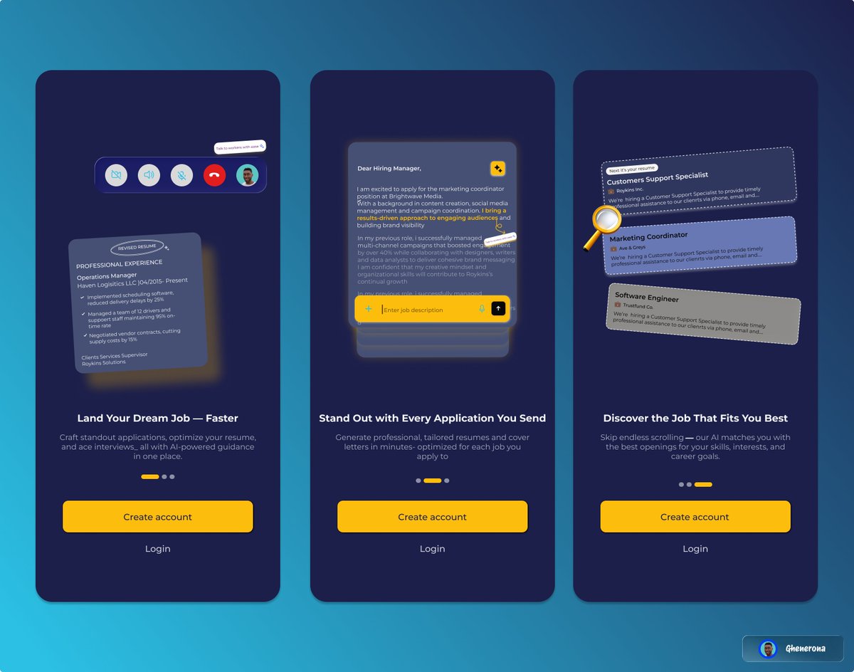 Ghenerona's tweet image. Just refined this onboarding flow for an AI-powered job application app 💼✨
Focused on balance, clarity, and trust with smoother gradients, stronger hierarchy, and better CTA contrast.
Landing your dream job should feel this seamless
#UIDesign #UXDesign #UIUX #DesignCommunity