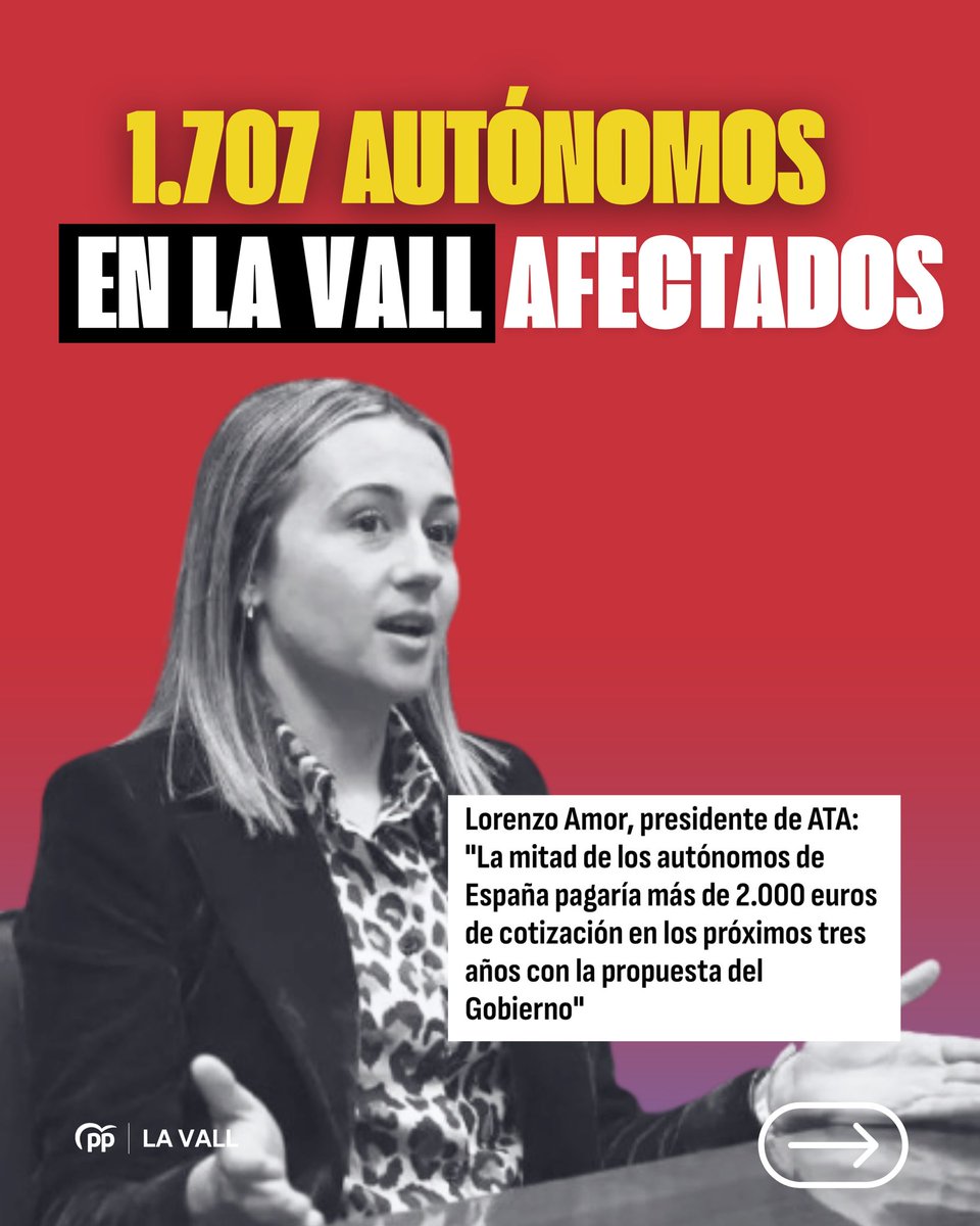 pplavall's tweet photo. Los autónomos vuelven a pagar la fiesta del PSOE. 

El Gobierno vuelve a proponer una nueva subida a las cuotas a partir de 2026. 

Más de 1.700 autónomos en la Vall afectados por la decisión. https://t.co/UHNoCkm5pJ