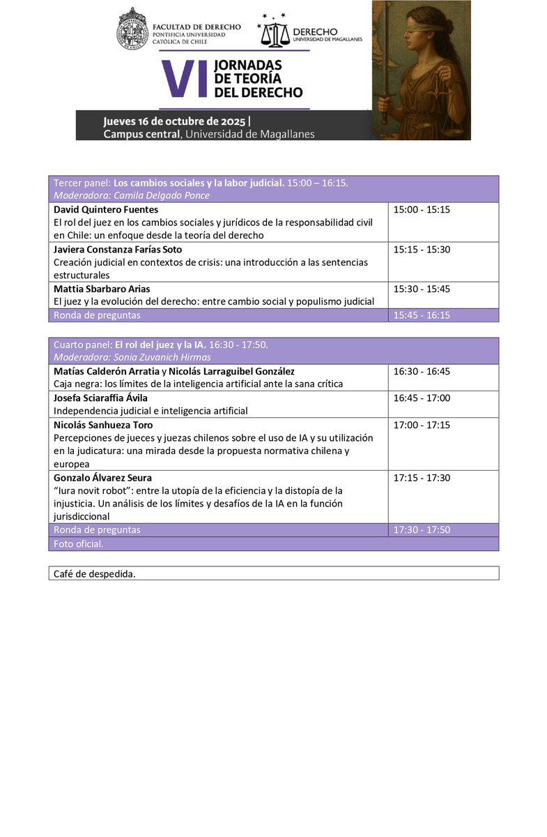🔴 ¡Estamos en vivo! Acompáñanos en la transmisión de las VI Jornadas de Teoría del Derecho en lnkd.in/d_qS7H58

Los paneles son:

 ☑️ Teoría y fuentes del derecho
 ☑️ Activismo judicial
 ☑️ Los cambios sociales y la labor judicial
 ☑️ El rol del juez y la IA