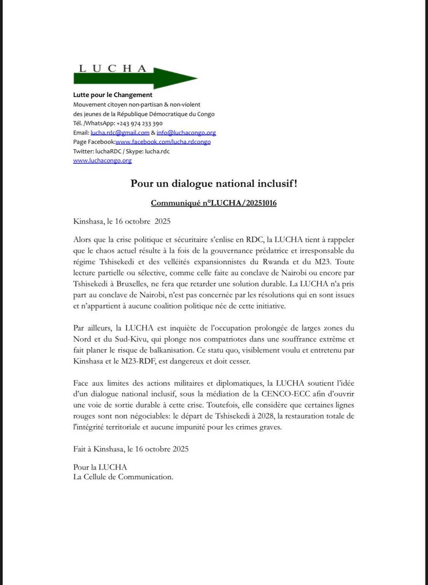 Rodriguez Katsuva (@katsuva_r) on Twitter photo « La LUCHA n'a pas pris part au conclave de Nairobi, n'est pas concernée par les résolutions qui en sont issues et n'appartient à aucune coalition politique née de cette initiative. », communiqué 👇 « La LUCHA n'a pas pris part au conclave de Nairobi, n'est pas concernée par les résolutions qui en sont issues et n'appartient à aucune coalition politique née de cette initiative. », communiqué 👇