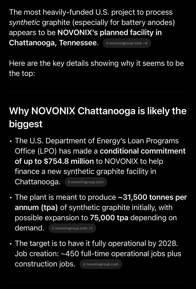 $NVX 

- Trump expanding government stake in strategic sectors to combat China.

- China produces and processes ~80% of synthetic graphite with some reports suggesting 90%

- The most heavily-funded U.S. project to process synthetic graphite (especially for battery anodes)