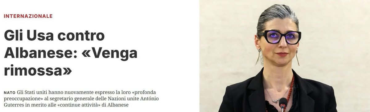Spero che venga buttata fuori dall’Onu. Questa donna rema contro la libertà e la democrazia. È vergognosa. 
#FrancescaAlbanese
