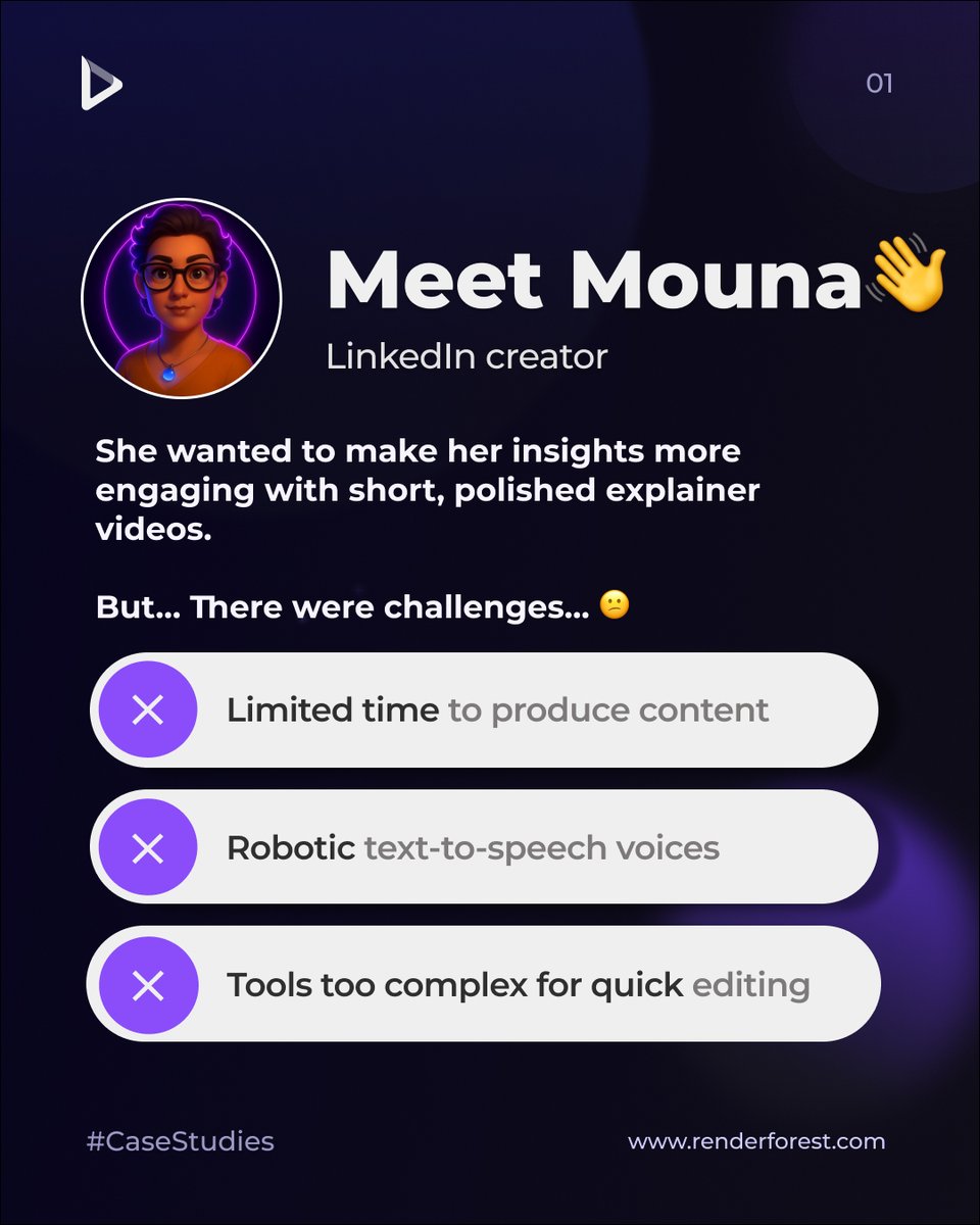 renderforestcom's tweet image. Even the best insights can get lost in a crowded LinkedIn feed ✨ Mauna, a LinkedIn creator, needed to make videos faster and engaging. Then she found Renderforest 🚀

With AI Video Generator, she turned scripts into polished, engaging videos in minutes.

#Renderforest #AIVideo