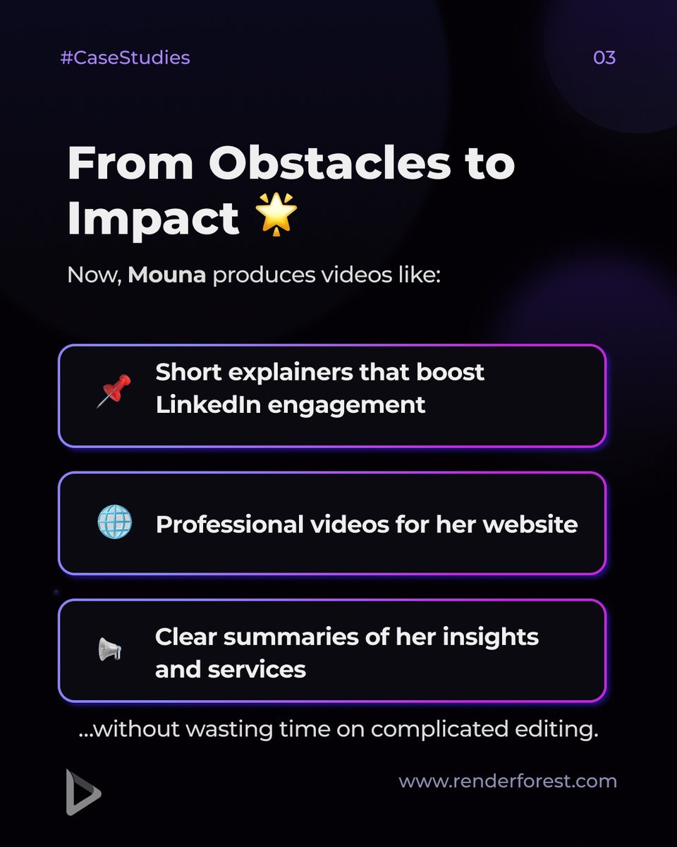 renderforestcom's tweet image. Even the best insights can get lost in a crowded LinkedIn feed ✨ Mauna, a LinkedIn creator, needed to make videos faster and engaging. Then she found Renderforest 🚀

With AI Video Generator, she turned scripts into polished, engaging videos in minutes.

#Renderforest #AIVideo