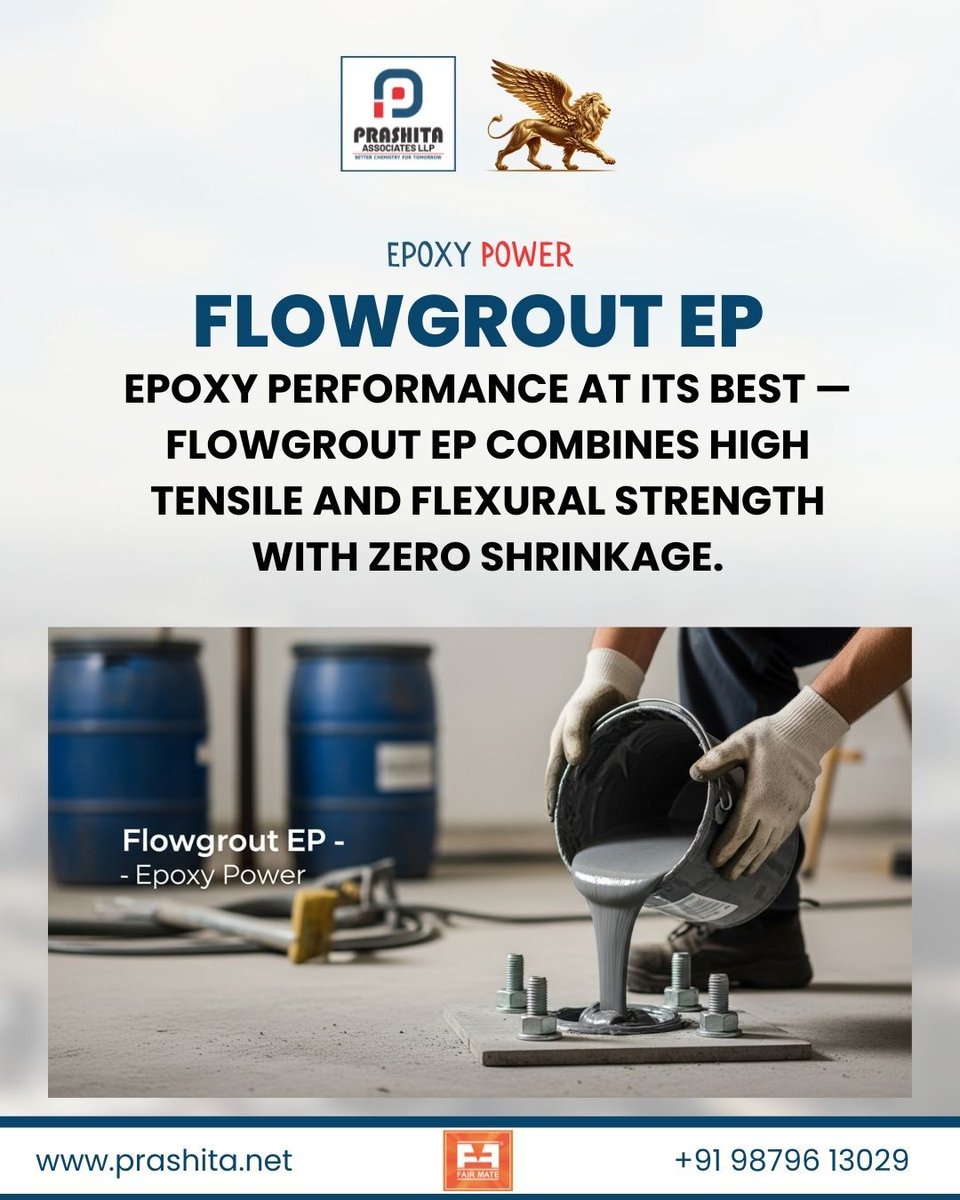 prashitaAssoc's tweet image. When the load is heavy, epoxy does the lifting. Flowgrout EP offers superior tensile and flexural strength. #EpoxyGrout #HighStrength #HeavyLoad #MachineBase #prashitaassociates #construction #buildingmaterials #constructionchemicals #Fairmate