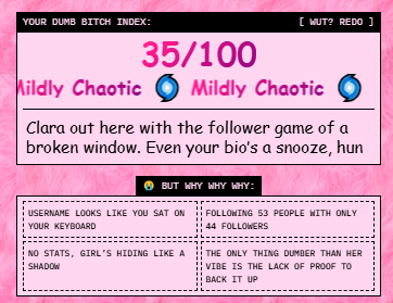 nabilaa_ahmad's tweet photo. I'm 35% Dumb B*tch.
Checks out.
What's your DBI? @vana #datarevolution https://t.co/xtv66qDdAK