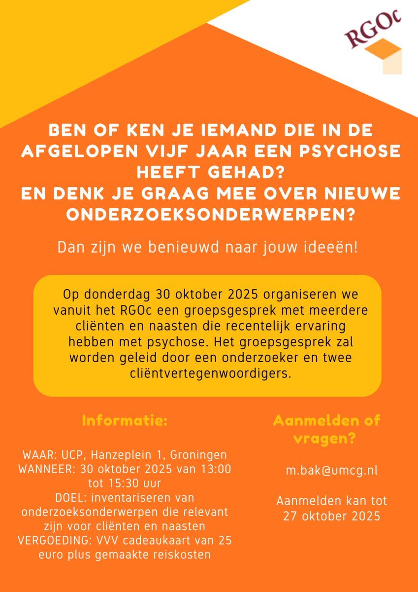 schizofrenie's tweet image. Focusgroep psychosegevoeligheid
30 oktober vindt er de tweede focusgroep plaats waarbij cliënten en naasten gevraagd zal worden naar wat zij belangrijke onderzoeksonderwerpen en thema’s vinden rondom het thema psychosen. Aanmelden kan via m.bak@umcg.nl #RTplz