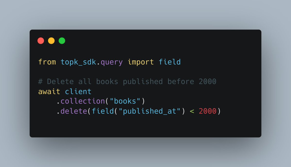 topk_io's tweet image. Delete by filter just landed 🚀 Low latency (no internal query) and strongly consistent to make data lifecycle management easy.