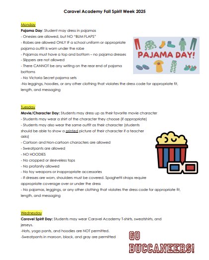 CaravelAcademy's tweet image. Fall Spirit Week begins on Monday, October 20th!  Check out our theme days and show your spirit each day!! We look forward to celebrating Homecoming with our Pep Rally and game on Friday.  

#caravelacademy #caravelfamily #caravelhomecoming2025 #caravelhomecoming
