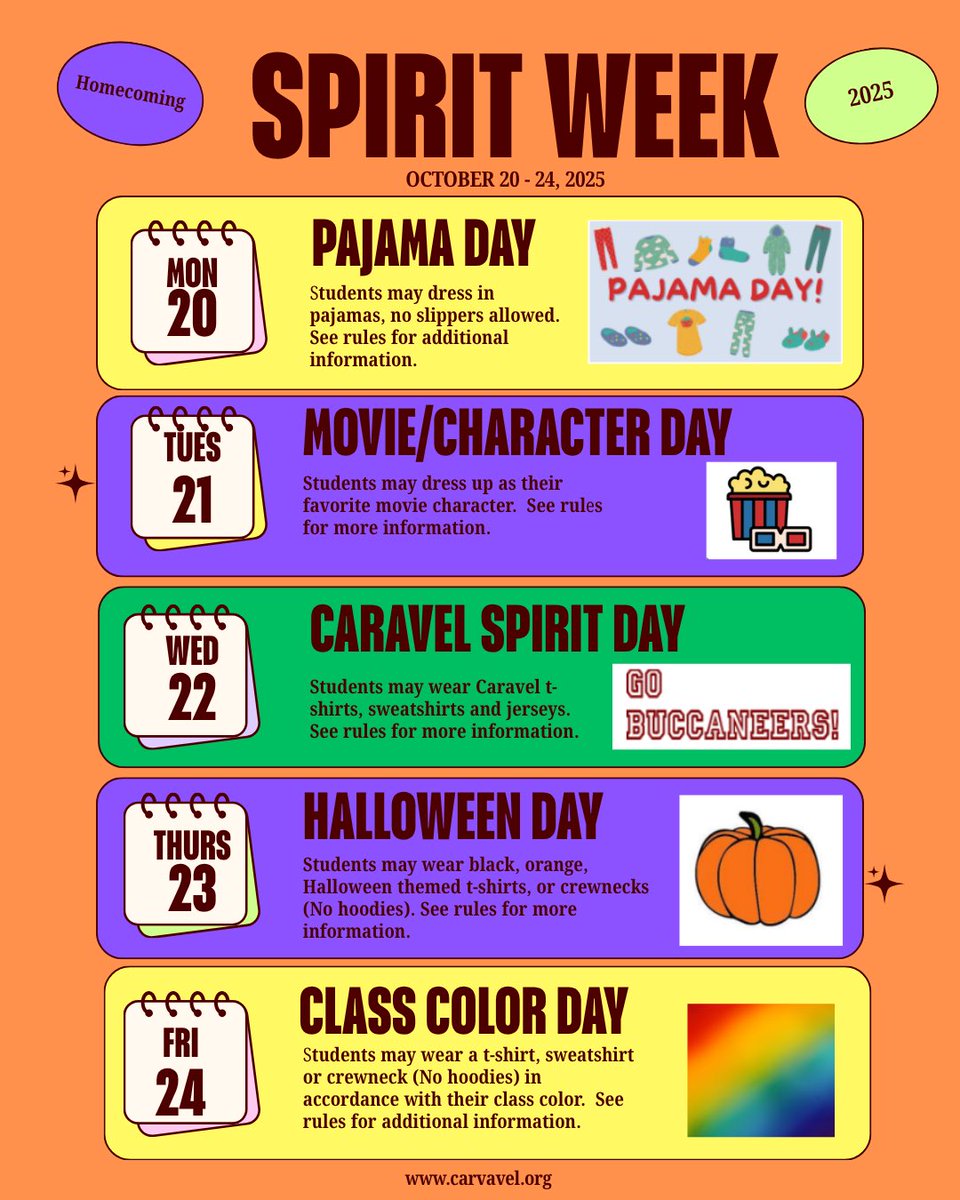 CaravelAcademy's tweet image. Fall Spirit Week begins on Monday, October 20th!  Check out our theme days and show your spirit each day!! We look forward to celebrating Homecoming with our Pep Rally and game on Friday.  

#caravelacademy #caravelfamily #caravelhomecoming2025 #caravelhomecoming