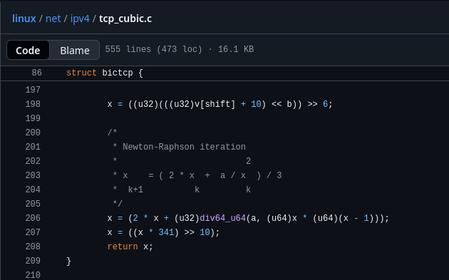 secona0's tweet image. i was curious on how linux implements TCP and found a newton-raphson method in the wild. it is a highly optimized version of it though, which is very cool :)