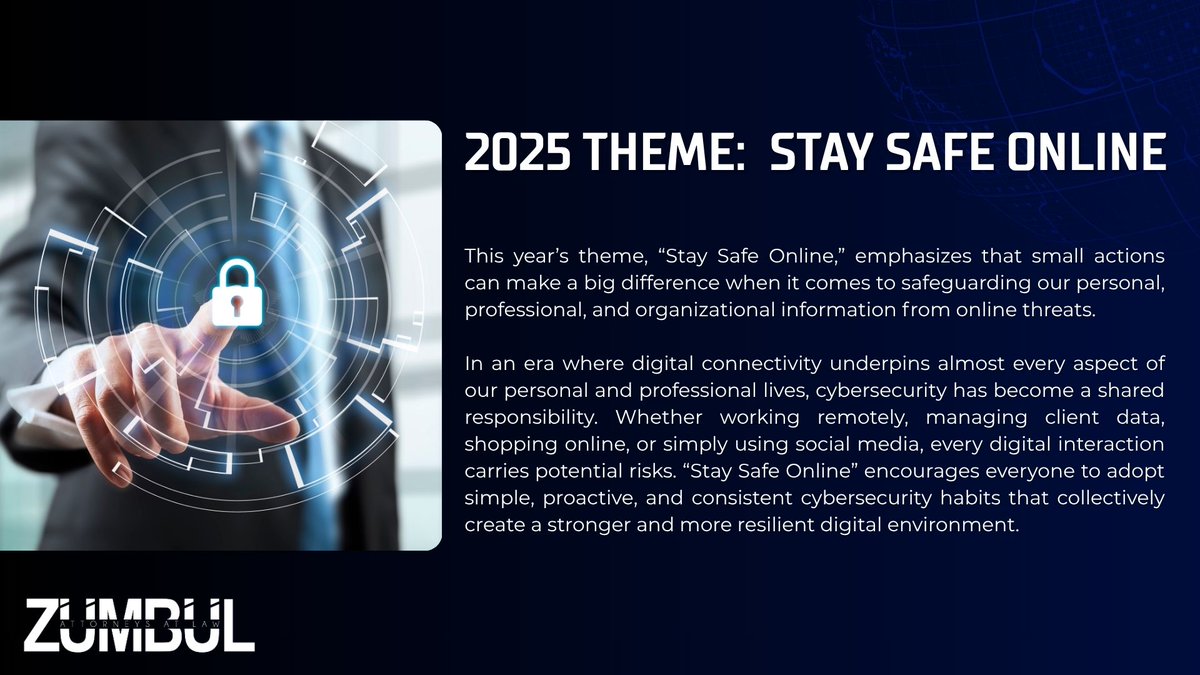 AtZumbul's tweet image. 🔒 Cybersecurity Month 2025 – Stay Safe Online
October is Cybersecurity Awareness Month, a reminder that small actions can make a big difference in protecting personal, professional, and organizational data.
#Cybersecurity #DataProtection #Compliance #StaySafeOnline #zumbullaw