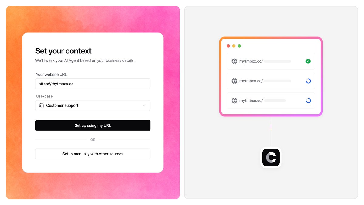 chatbase's tweet image. From URL to AI Agent.

As part of the new onboarding flow, Chatbase now scans your site to understand your brand’s voice, name, and style, then builds your personalized AI agent.

Go from a blank page to on-brand AI in minutes.
