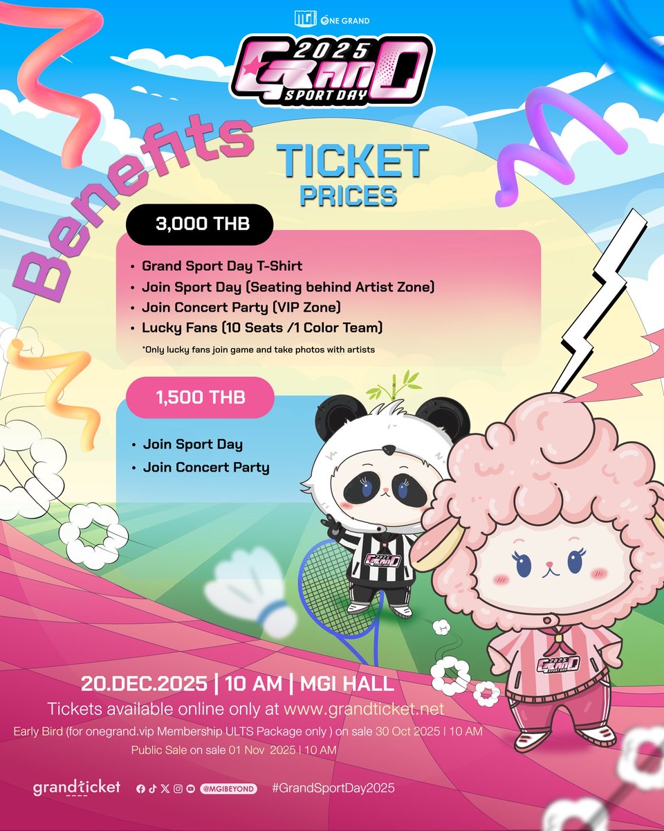 🎉 GRAND SPORT DAY 2025 กลับมาแล้ว!
 เตรียมพบกับความสนุกครั้งใหญ่ในธีมสุดพิเศษ 

💗 Pinky Sheep VS 🖤 Black Panda

เชิญชวนแฟน ๆ มาร่วมเชียร์และสนุกไปกับศิลปินที่คุณชื่นชอบ พร้อมโชว์สุดพิเศษจากเหล่าศิลปินในงาน GRAND SPORT DAY 
 และอย่าพลาด ! ปิดท้ายวันด้วย Grand Sport Party