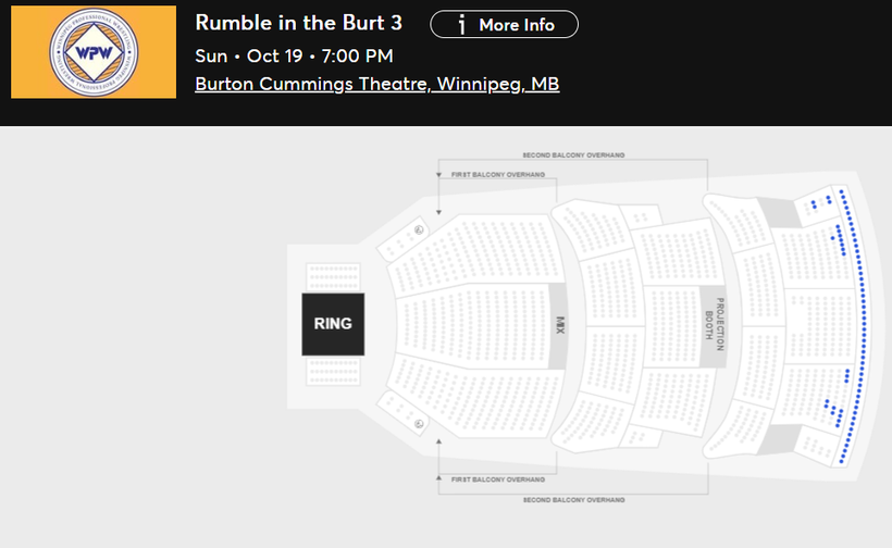 WrestleTix's tweet image. WPW Rumble in the Burt 3
Sun • Oct 19 • 7:00 PM
Burton Cummings Theatre, Winnipeg, MB

Available Tickets: 73
Current Setup: 1,596
Tickets Distributed: 1,523

📈 +92 since the last update (7 days ago)
📅 Days until show: 3
📢 Mercedes Mone v. Jody Threat (c)
⏮ 10/24/2024: