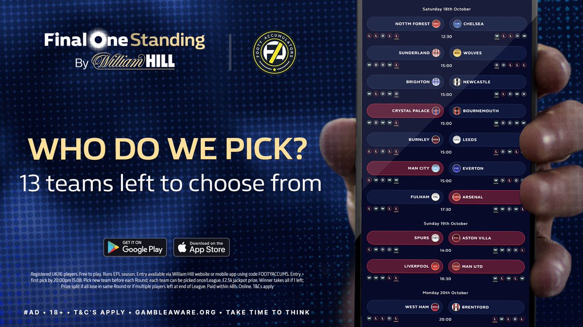 FootyAccums's tweet photo. WHICH TEAM SHOULD WE PICK? π
We are still alive in our #FinalOneStanding league on William Hill! π
The teams we have already used are marked in red. β
#ad | 18+ | GambleAware https://t.co/Ozfrm3hab2