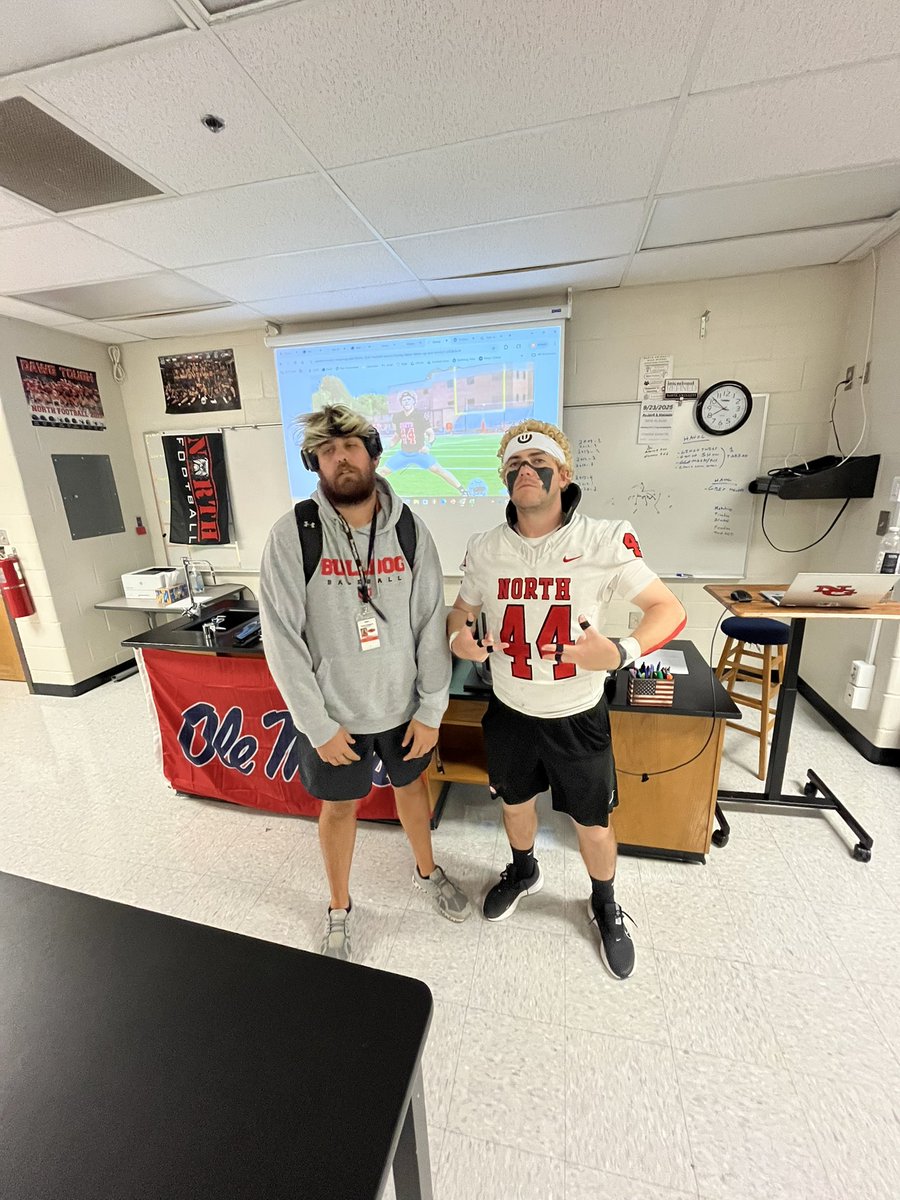 When a baseball coach and the Defensive Coordinator dress like their players for dress like a student day. <a href="/CoachMHealy/">Mike Healy</a>