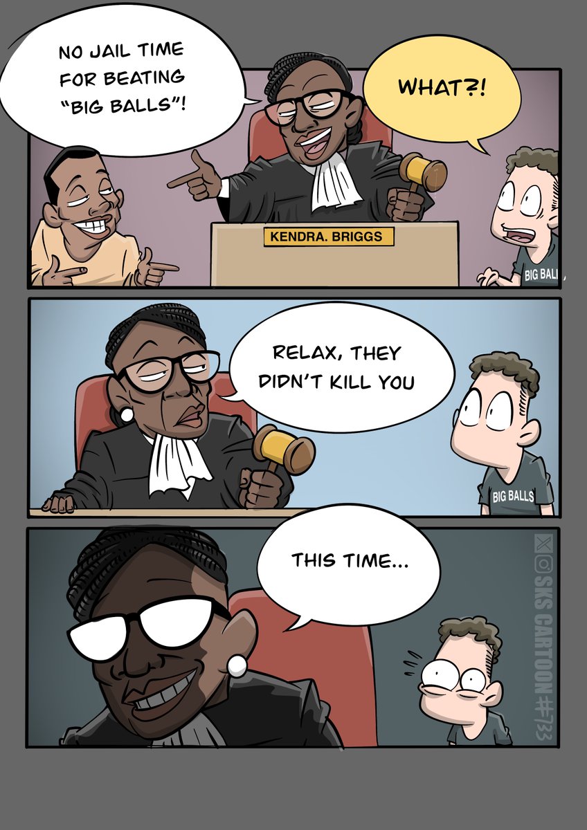 skscartoon's tweet image. Kendra Briggs is a racist judge in the big balls case.
