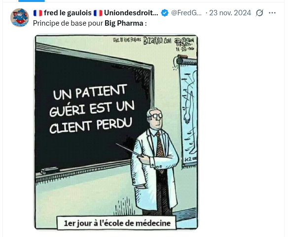 grisou97160's tweet photo. Je ne comprend pas la logique, big-pharma lé méchant et ils veulent des médicaments gratuits. Mais normalement vous n'avez jamais de maladie vous les #antivax et #antitout. Cela ne va pas vous touchez. @FredGaulois https://t.co/JgfoZrCE2w