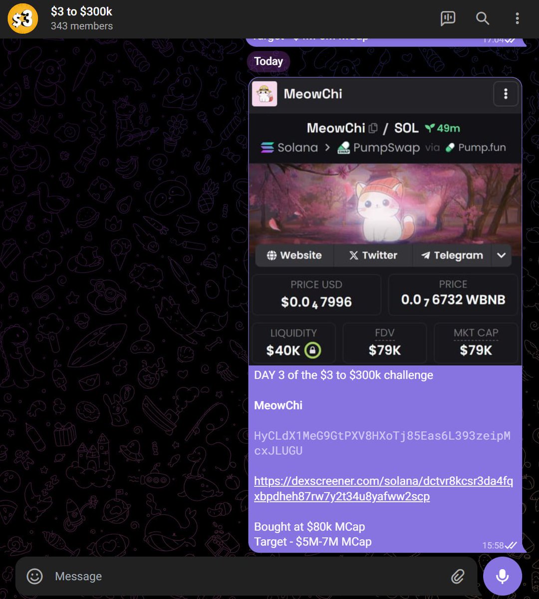 DAY #1 of the $3 to $300k challenge                      

Today, we bagged $MEOWCHI 

Flipped at 6.2M MCap - 77x gains            
Account balance: $231         

Adding 3000 participants             
Accepted so far: 343/3000                 

Wanna join? Here’s how: