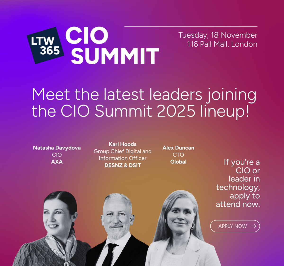 LDNTechWeek's tweet image. 💥 Just announced: new visionary leaders join the #CIOSummit lineup!

🎤 Natasha Davydova, CIO, AXA | 🎤 Karl Hoods, CDIO, DESNZ &amp;amp; DSIT | 🎤 Alex Duncan, CTO, Global + more

📅 18 Nov | 116 Pall Mall, London

🎟️ CIOs apply to attend here: cio-summit.co.uk
