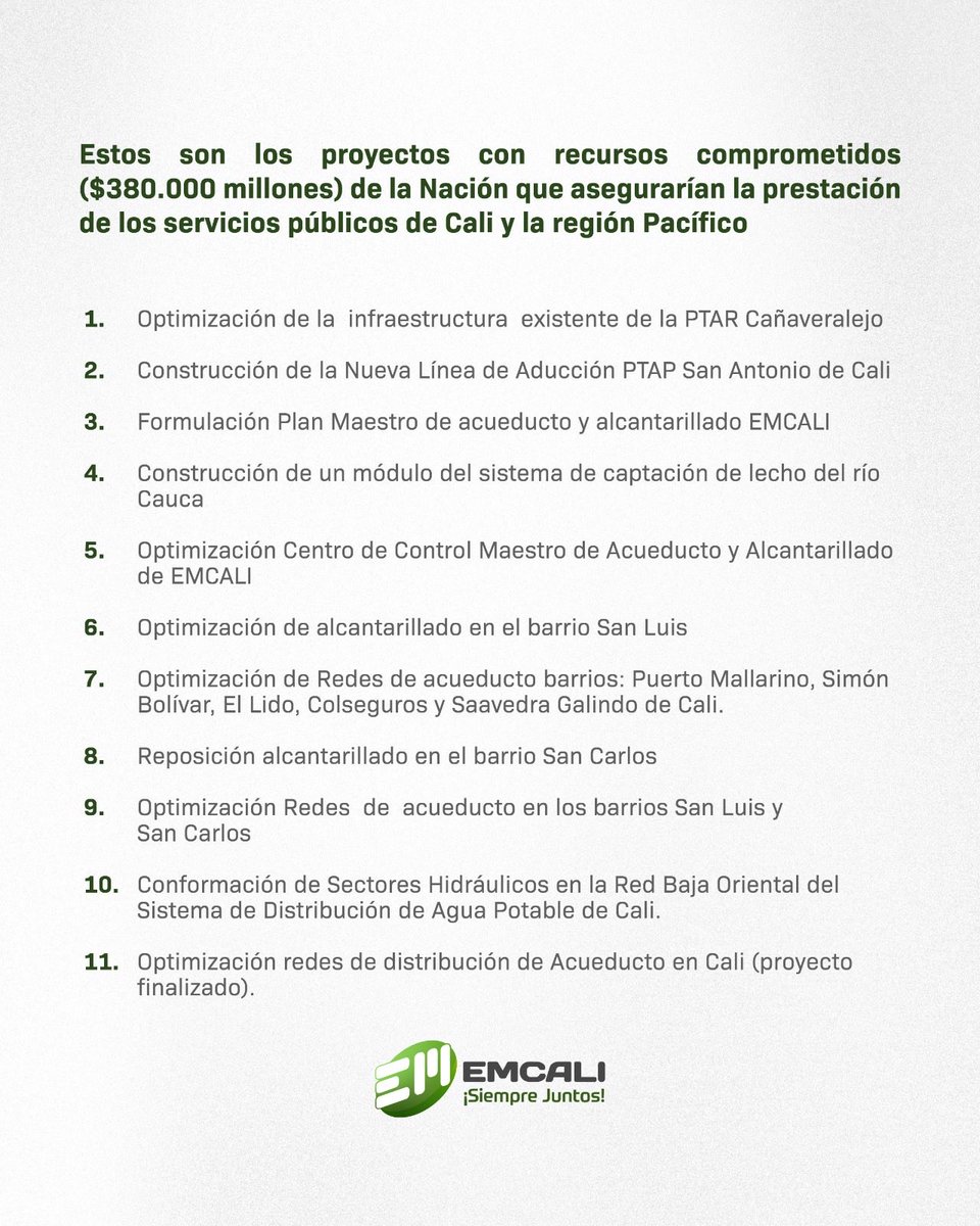 Desde EMCALI reconocemos el compromiso del Gobierno Nacional con el fortalecimiento de los servicios públicos en Cali y el Pacífico colombiano, con el agua como prioridad.

Este trabajo articulado con la Nación permitirá avanzar en 11 proyectos clave del CONPES 3858 de 2016 para