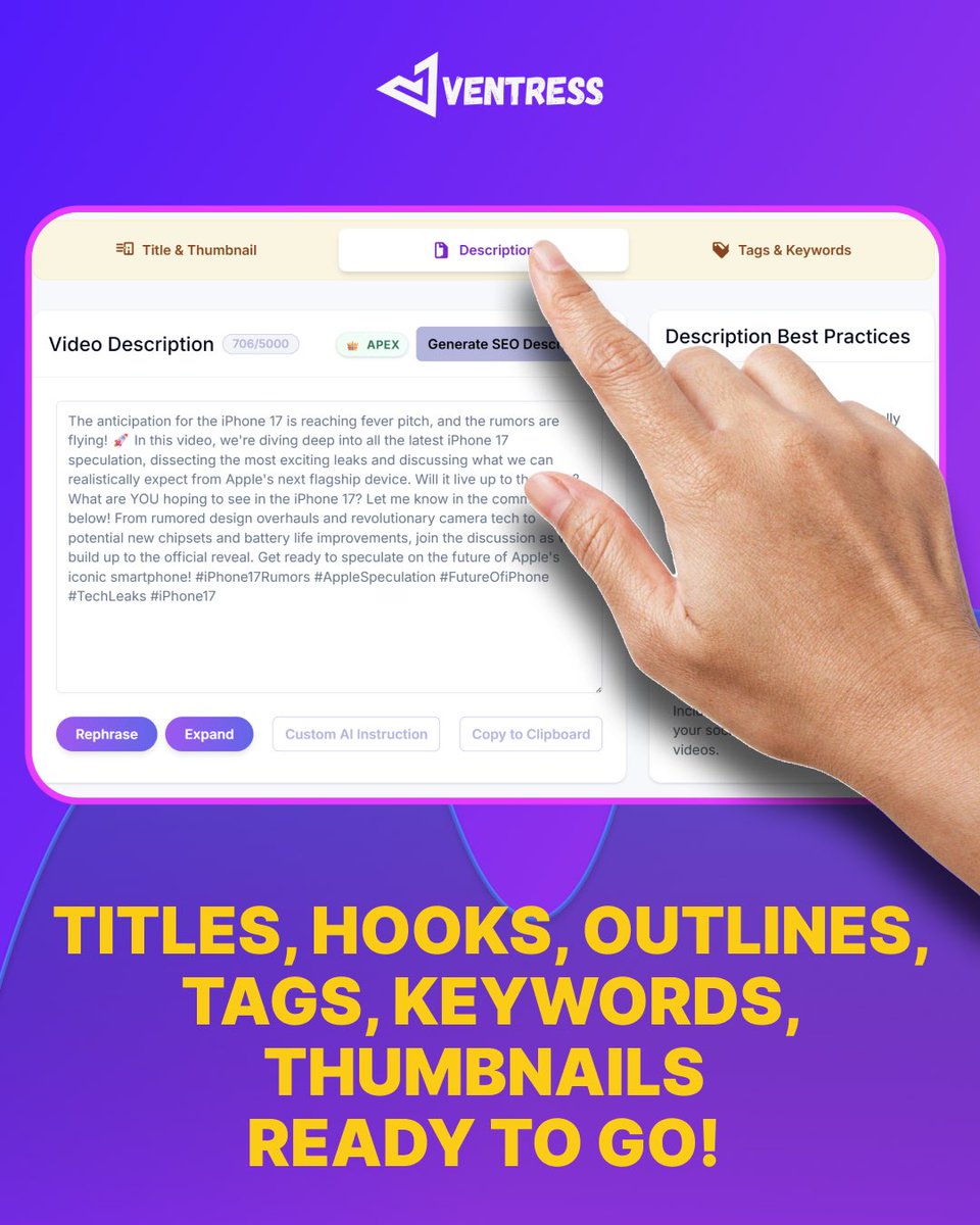 RocketHub's tweet image. 🎬 Everything you need for YouTube content creation done in minutes.
From titles to thumbnails, Ventress gets your videos ready to shine. 🚀

✨ Exclusively on RocketHub.

#ventress #contentcreation #youtubetools #creators #youtubemarketing #socialmediatools