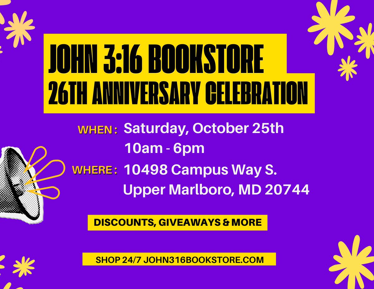 John316BkStore's tweet photo. 🎉 We’re celebrating 26 years! 🎉
Join us Sat, Oct 25 | 10AM–6PM at John 3:16 Bookstore for our 26th Anniversary Celebration!
✨ Discounts, giveaways &amp; more!
📍 10498 Campus Way S, Upper Marlboro, MD
🛍️ Shop anytime: https://t.co/lFIfcok2wm#John316Bookstore #ShopLocal https://t.co/Ia867nuU3p