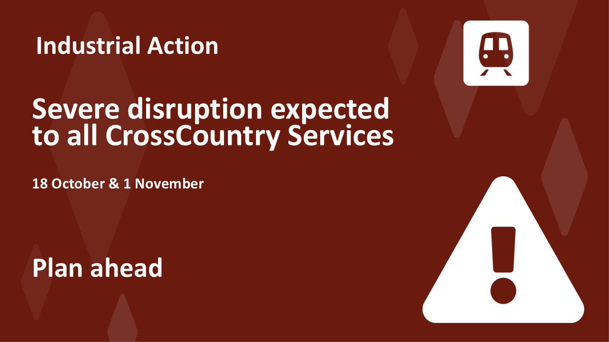 TransportForWM's tweet image. #RAILSTRIKES
❗🚆 RMT industrial action is planned for Saturday 18 October and Friday 1 November, affecting CrossCountry train services.
⚠️ All routes will be impacted — some will have a limited service, while others won’t run at all. Trains will start later, finish earlier,…