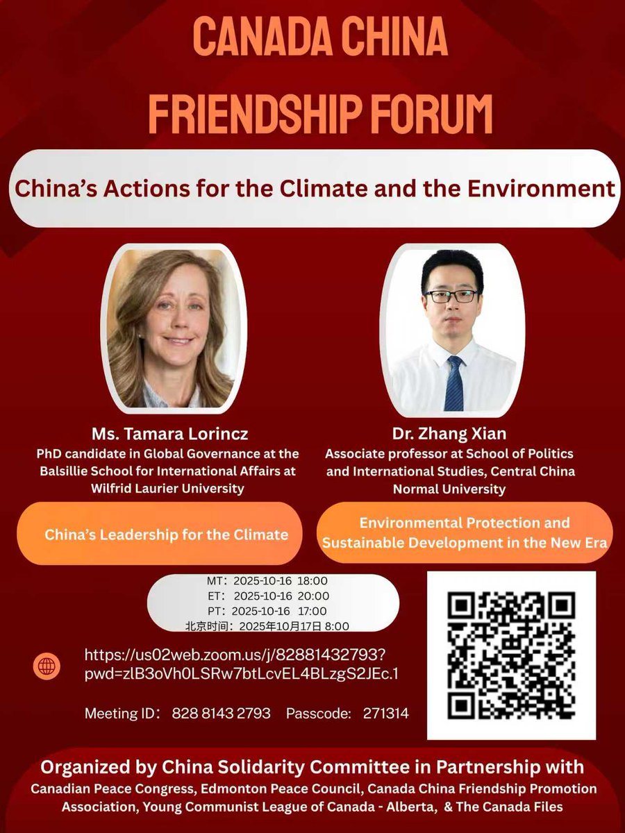 The Canada Files is co-sponsoring an event hosted by China Solidarity Committee (<a href="/ChinaSolidarity/">China Solidarity</a>): “China's Actions for the Climate and the Environment”.

Speakers: Dr. Zhang Xian and Tamara Lorincz. 

Time: October 16 at 8pm EST

Use this Zoom link:
us02web.zoom.us/j/82881432793?…