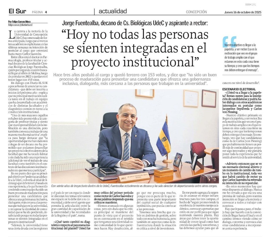 En <a href="/elsurcl/">Diario El Sur</a> de hoy entrevisté al decano de Cs. Biológicas de la UdeC y aspirante a rector Jorge Fuentealba, con quién abordamos la situación institucional del plantel: "No todas las personas se sienten integradas en el proyecto" 🗞️✅