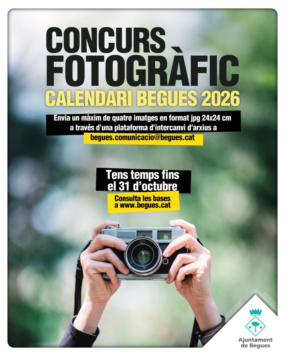 📷 Obert el concurs de fotos del calendari de #Begues 2026!

🖼️ Fins al 31 d'octubre pots enviar-les a 📩 begues.comunicacio@begues.cat, a través d'una plataforma de transferència d'arxius (WeTransfer, Dropbox o Google Drive).

Bases a ➡️ ja.cat/BasesCalendari…