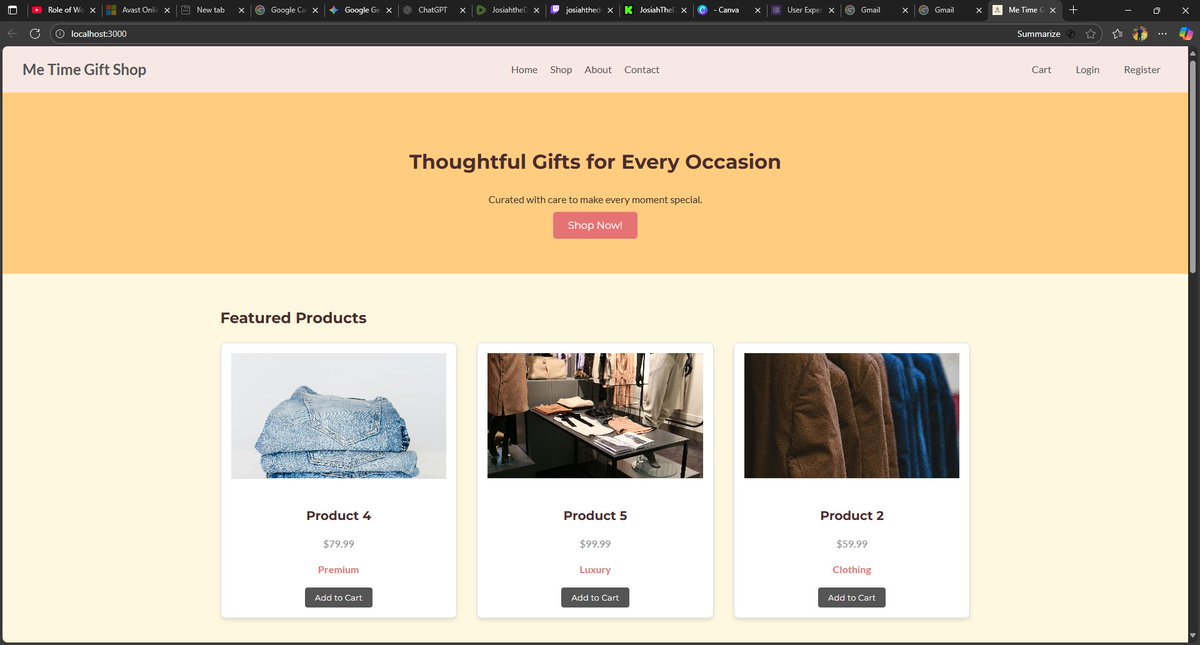 josiahthedev's tweet image. The Homepage is designed for quick engagement. It features a prominent hero section for instant brand messaging, clearly links to the Shop, and highlights Featured Products immediately. This drives sales and encourages immediate browsing! #ReactJS #TailwindCSS