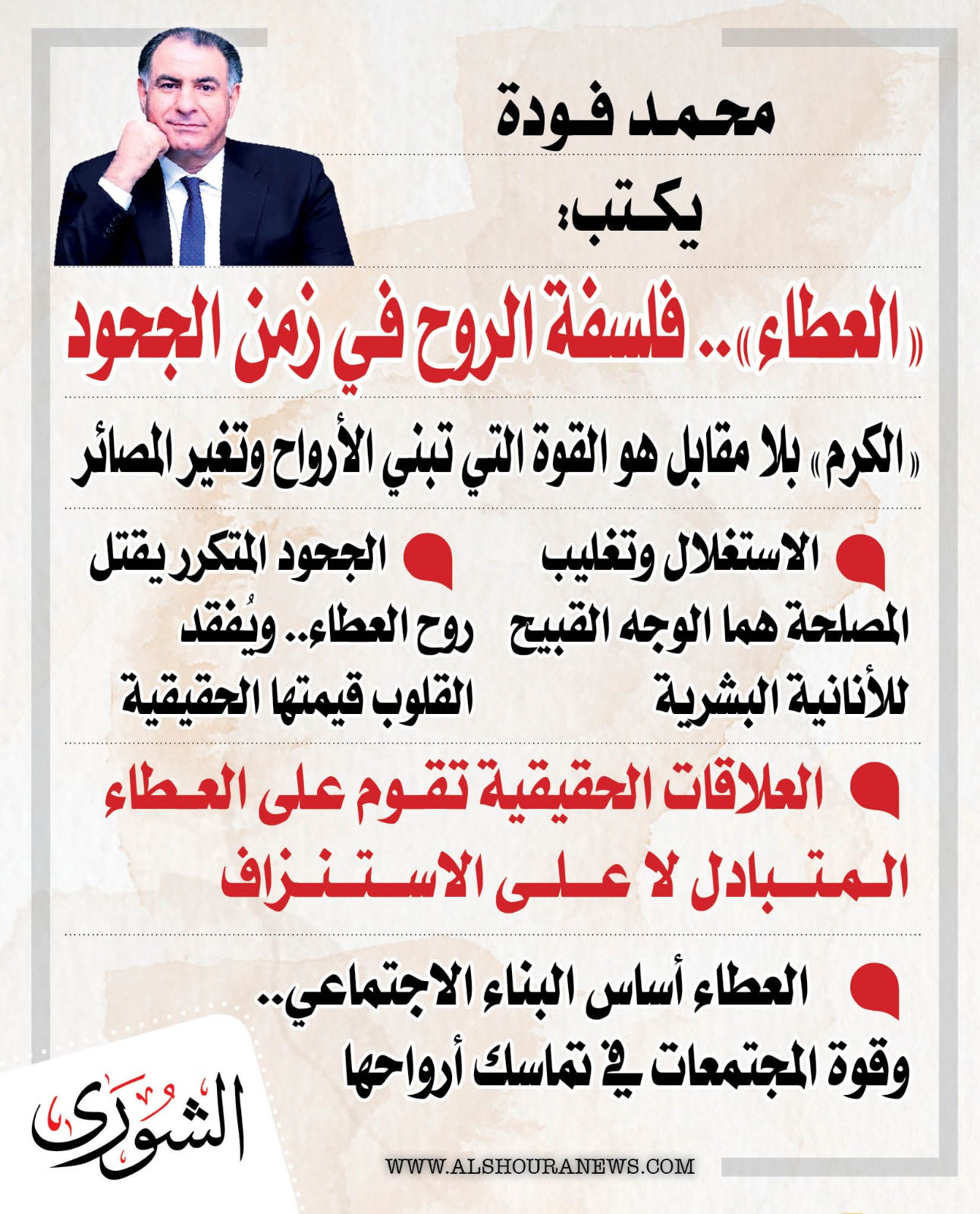 محمد فودة يكتب : «العطاء».. فلسفة الروح في زمن الجحود. المقال كاملا 