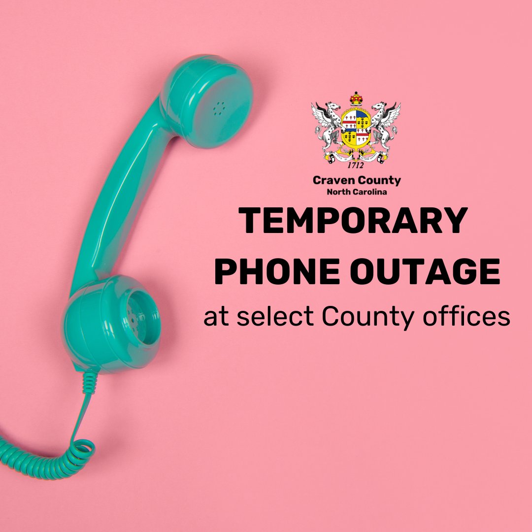 Temporary Phone Outage Later This Morning

Select Craven County departments will experience a brief phone outage lasting less than 5 minutes while telephones are migrated to a new phone system. The outage will take place between 11 AM and 12 PM today, October 16.
