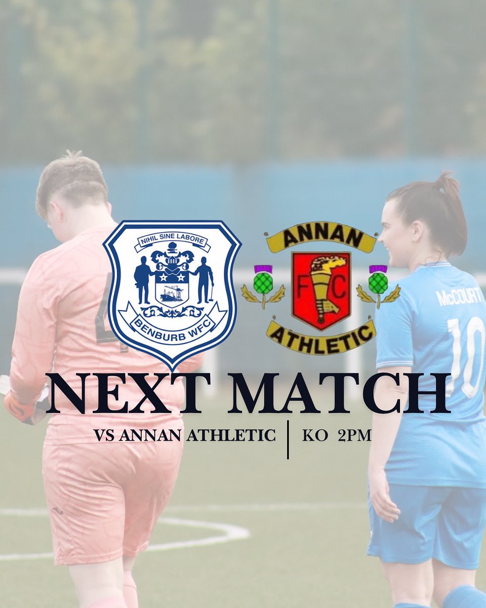 Next up we're back at home this weekend, as we continue our SWFL league campaign against Annan Atheltic. 
 
🏆 SWFL League      
🆚 Annan Athletic        
📅 Sunday, 19th October       
📍 New Tinto Park, Glasgow  
⏰ 2pm KO