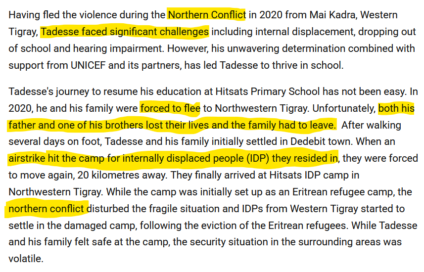 Case in point: Look at this article from the UNICEF Ethiopia today, while describing a journey of 13 year old from Mai Kadra to Hitsats IDP camp, it deliberately obscures the crimes and identities of the major perpetrators (Amhara special forces, ENDF, Fano) of ethnic cleansing.