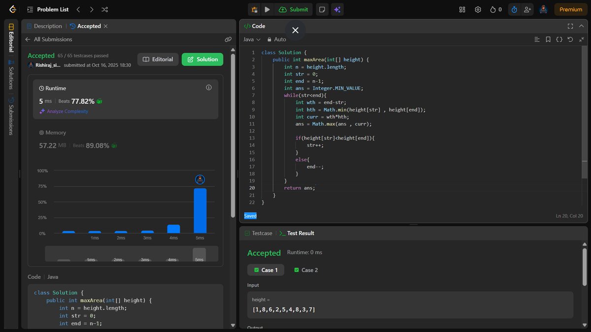 RishirajSingh_X's tweet image. Day 52 of #100DaysOfCode โ
LeetCode 11: Container With Most Water completed ๐ป
Sharpening problem-solving
coding consistency ๐ช๐.
#LeetCode #Java #DSA #TwoPointers #100DaysOfCode