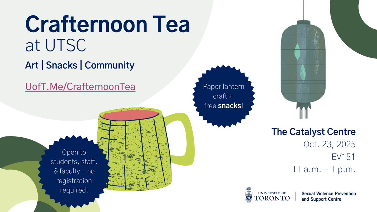 #CrafternoonTea is happening on all three campuses next week! Join us at #UTM for a Halloween craft, at #UTSG for cookie-decorating, and at #UTSC for paper lanterns ✂️🎨 As always you're welcome to sign-up for reminders, or just drop-by: UofT.Me/CrafternoonTea