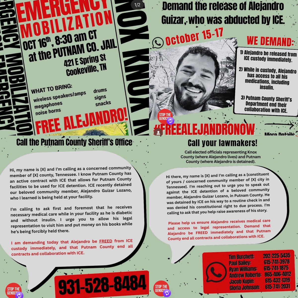 KNOXVILLE — folks are mobilizing to free local organizer Alejandro Guizar, gathering at the Putnam County Jail today 

change.org/p/free-alejand…