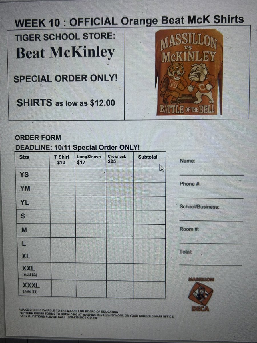 Official McKinley orangeout shirt orders are available through tomorrow! 
Choose short &amp; long sleeve and crewneck! From $12 
Special Order Only! 
Drop off orders at ticket office! 
Call 330-830-3901 x51409
BEAT MCKINLEY! <a href="/MassillonSchool/">Massillon City Schools</a> <a href="/MassillonCTE/">WHS</a> <a href="/massillonwhs/">WHS</a> <a href="/MTigerFB/">Massillon Football</a>