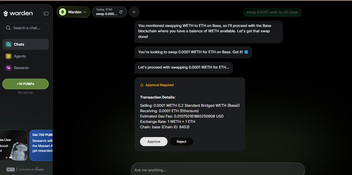 itx_eren07's tweet image. Just tried the new Smooth Swap feature on @wardenprotocol and I totally agree, it really lives up to its name 💚

I swapped ETH to WETH and the whole process was super fast and seamless.

Warden first showed me all the transaction details  gas fee, exchange rate, and chain info…